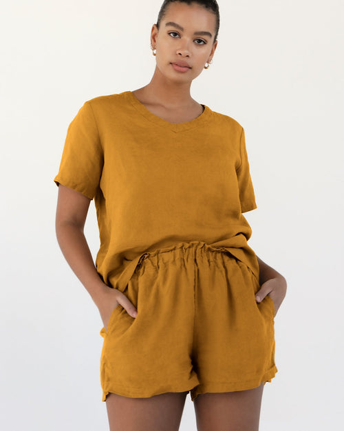 100% French Flax Linen Shorts in Turmeric