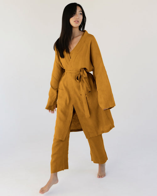 100% French Flax Linen Classic Robe in Turmeric