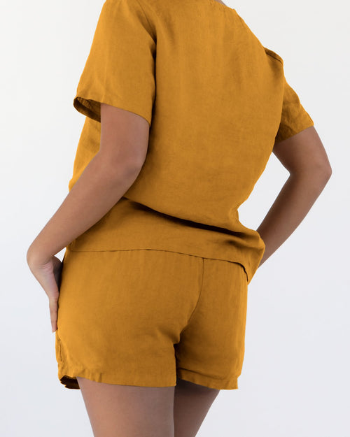 100% French Flax Linen Shorts in Turmeric