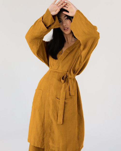 100% French Flax Linen Classic Robe in Turmeric