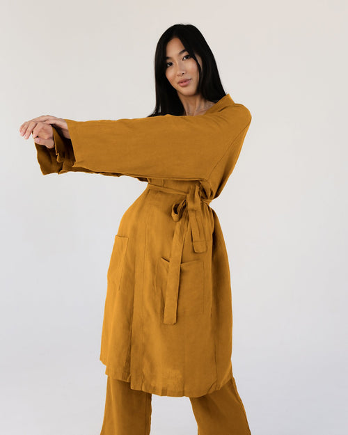 100% French Flax Linen Classic Robe in Turmeric
