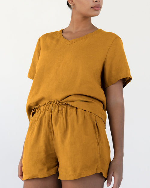100% French Flax Linen Shorts in Turmeric
