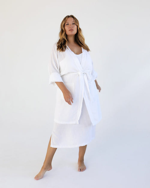 100% French Flax Linen Classic Robe in White