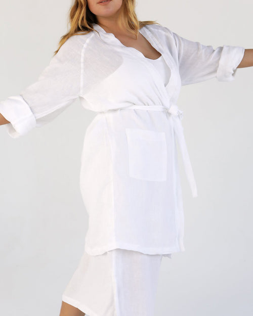 100% French Flax Linen Classic Robe in White
