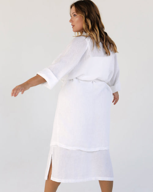 100% French Flax Linen Classic Robe in White