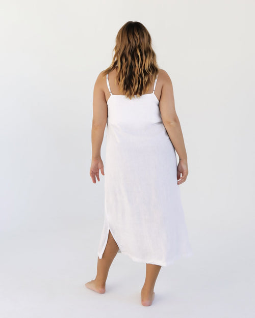100% French Flax Linen Midi Dress in White